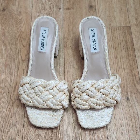STEVE MADDEN Corak braided natural rafia upper block heel slide sandals - Picture 3 of 9